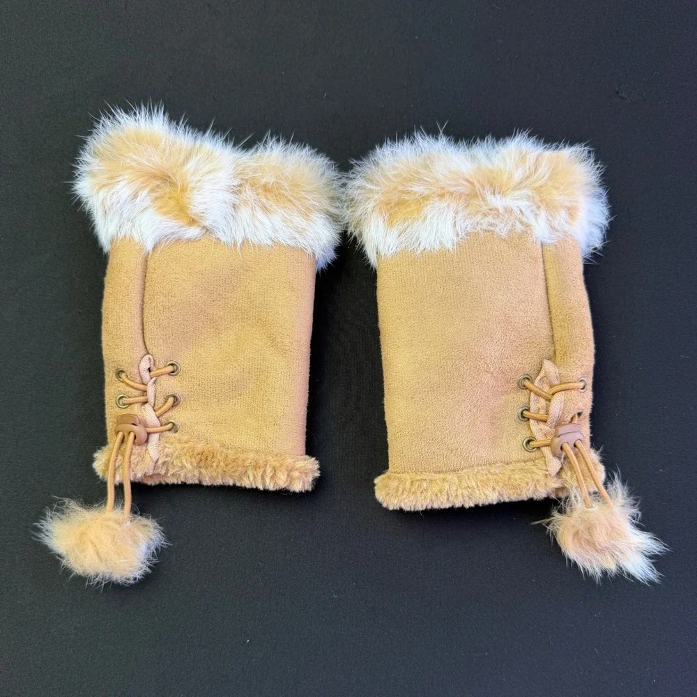 All Jazzed Up Faux Suede Fur Trim Fingerless Gloves Tan Pom Pom Y2K Winter OS